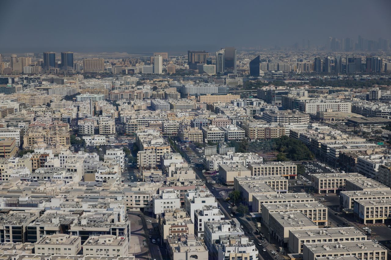 A detailed aerial view showcasing the architectural diversity of Dubai's urban landscape.